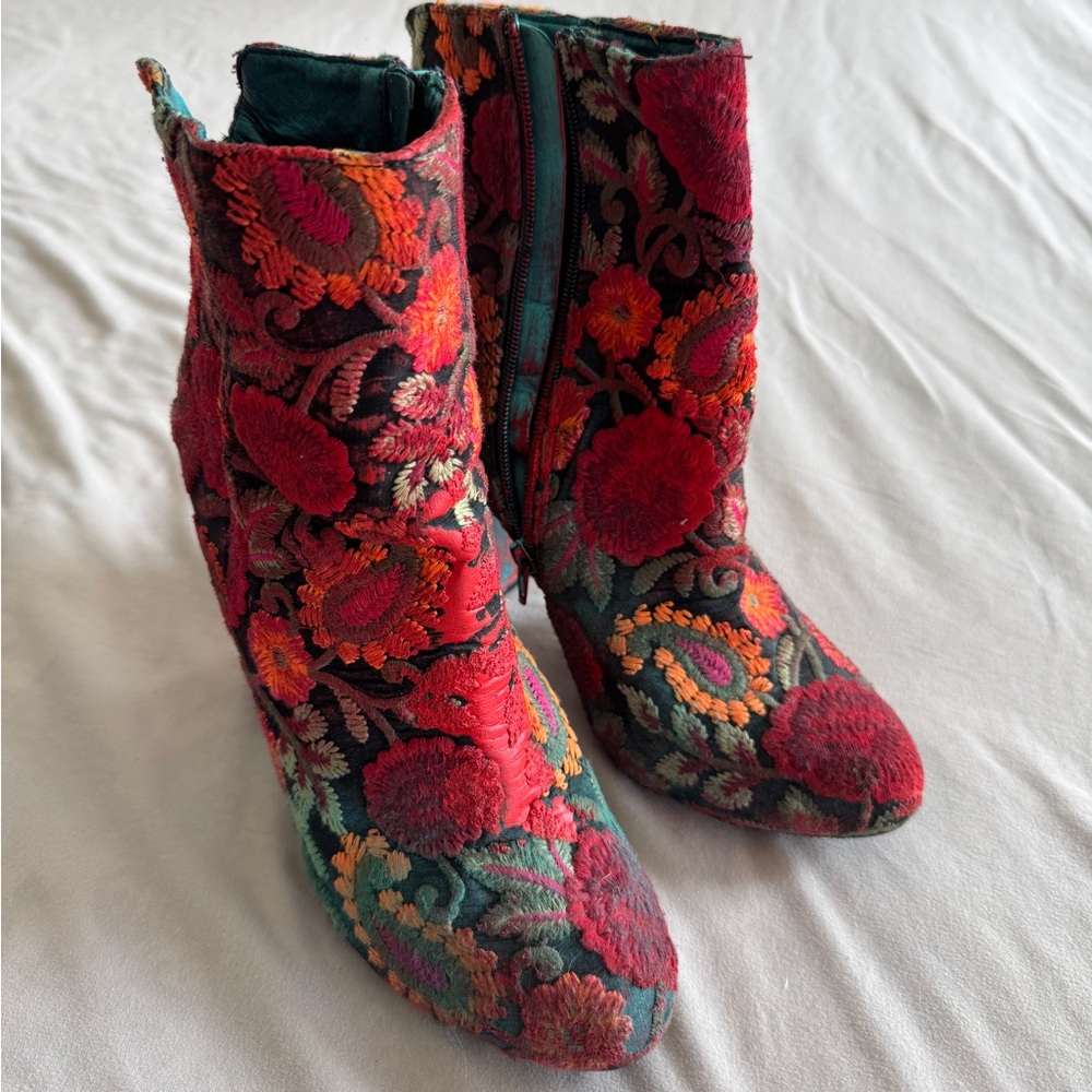Wild Diva Red and Green Embroidered Ankle Boots